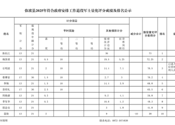 弥渡县2025年符合政府安排工作军士量化评分成绩公示